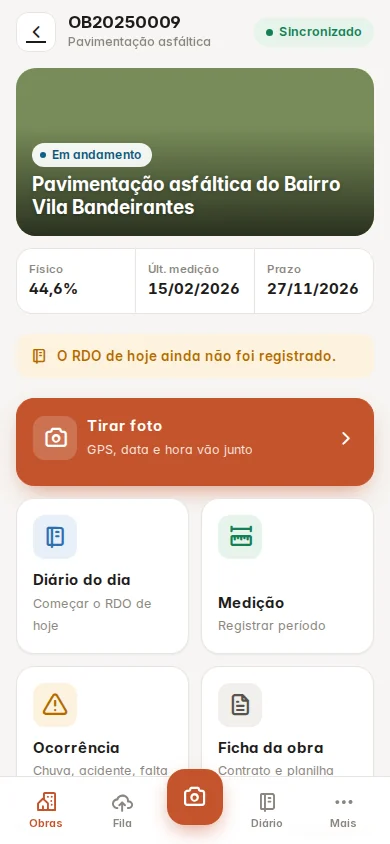 App de campo: obra aberta com atalhos para foto, diário, medição e ocorrência