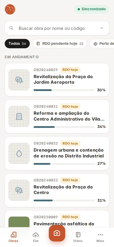 App de campo: lista de obras com RDO pendente